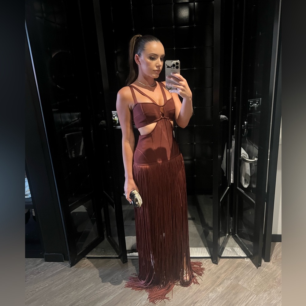 Herve Ledger Brown Cutout fringed bandage gown